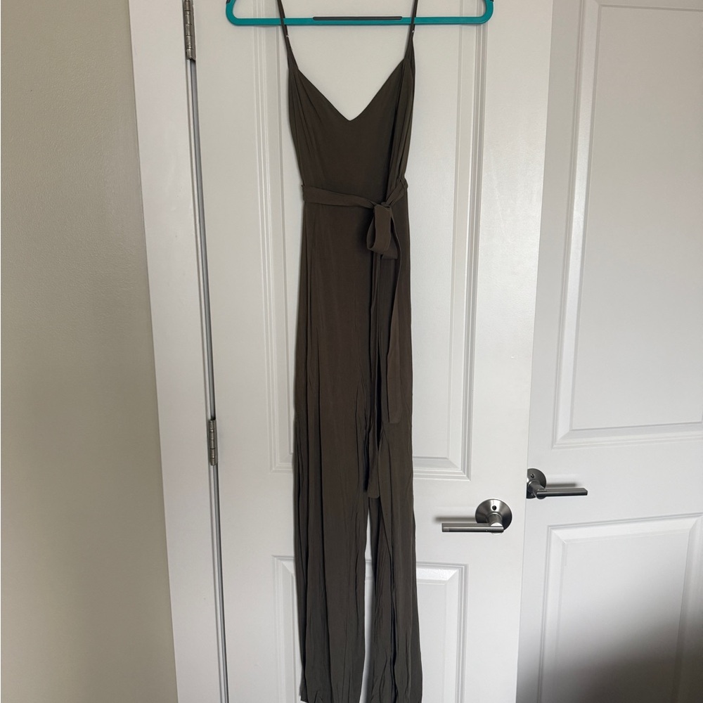 Lulu's Olive Brown V-Neck Spaghetti Strap Jumpsuit with Tie Waist